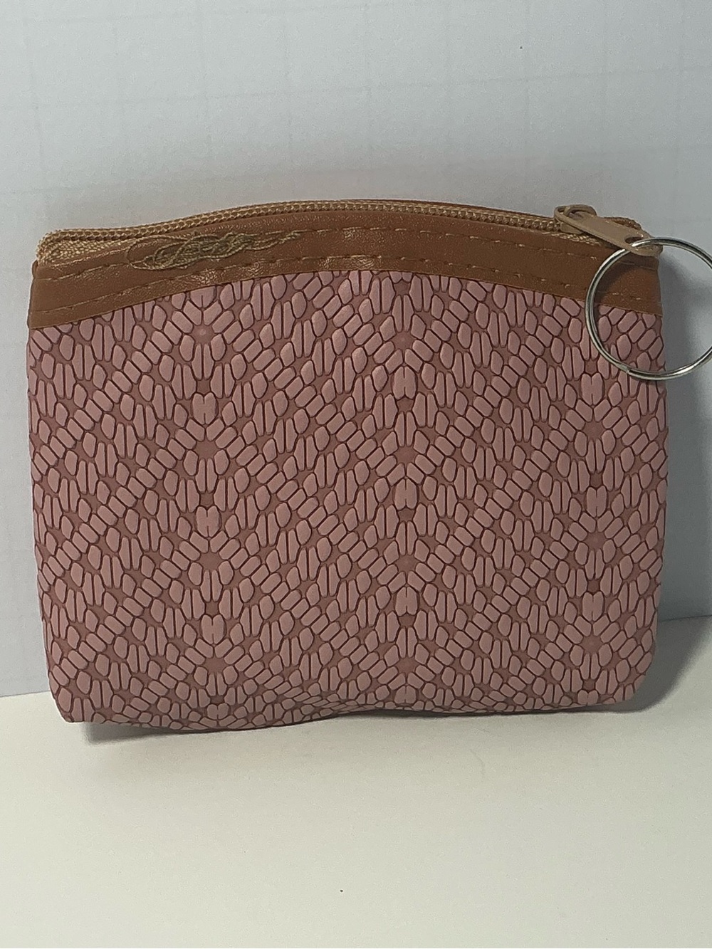 Burgandy Patterned Zip Pouch with Brown Trim